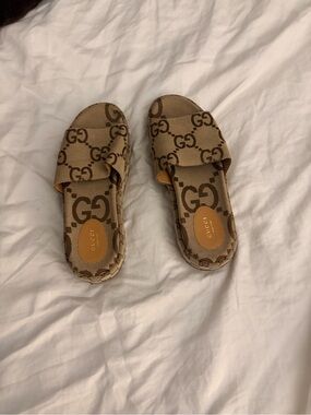 Gucci Brown Beige GG Monogram Slide Sandals